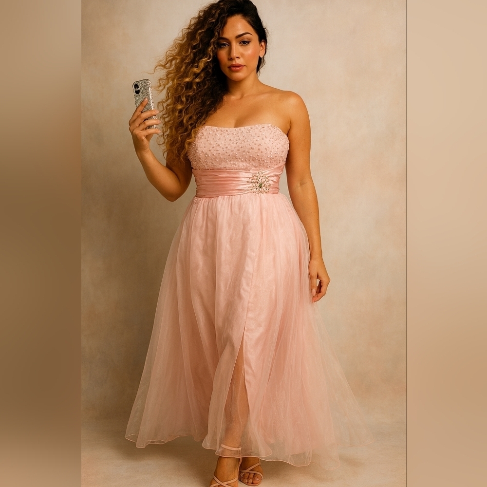 Blush Strapless Dress. Ruched Waist. Beading Detail. Size 12